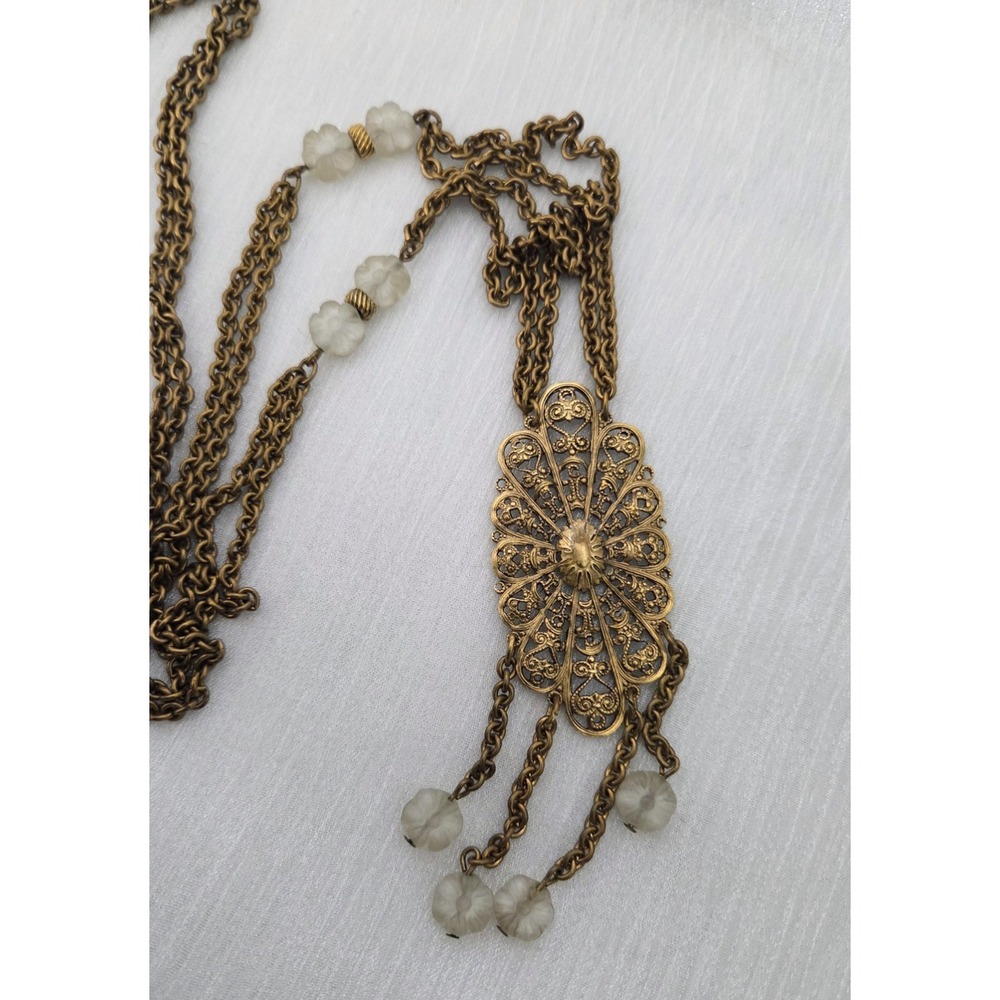 Vintage Antique Brass Filigree Pendant Necklace Victorian Frosted Glass Beads